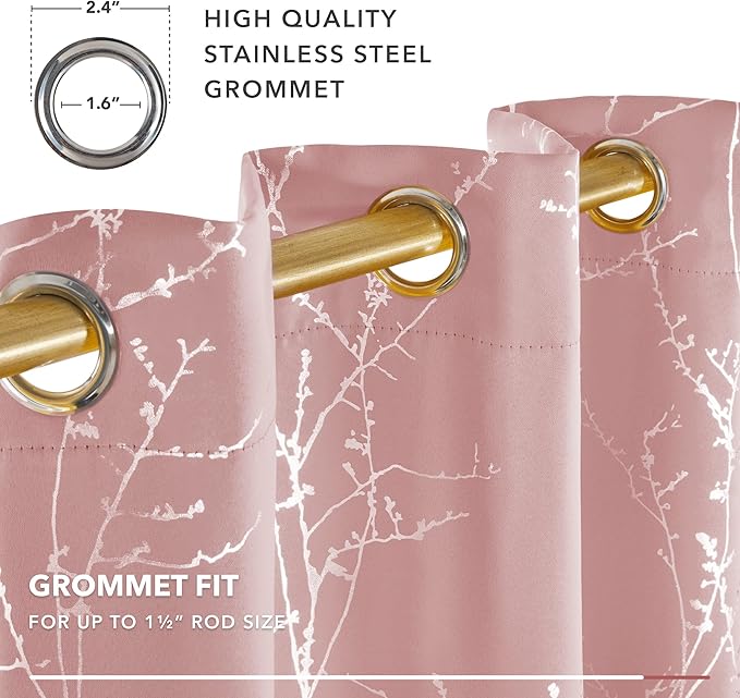 Deconovo Pink Curtains, Blackout Drapes, Thermal Insulated Soundproof Privacy Curtain, Silver Tree Print, 52 x 63 Inch, Machine Washable Window Panels for Girls Bedroom Living Room Nursery, Set of 2