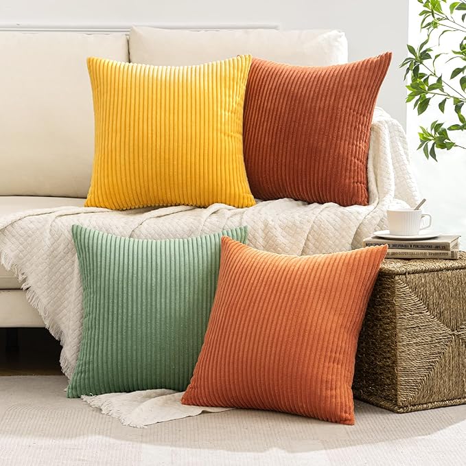 MIULEE Decorative Throw Pillow Covers 18x18 Inch Set of 4, Vibrant Cushion Covers Vintage Retro Home Decor, Mix and Match Color Clash Design for Sofa Couch Bed Living Room Yellow Rust Green