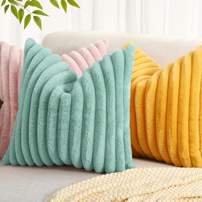 decorUhome Summer Cozy Faux Fur Throw Pillow Covers 20x20 Set of 2 Decorative Soft Plush Striped Modern Farmhouse Boho Couch Pillow Cases with Velvet Back for Sofa Bed Living Room, Aqua