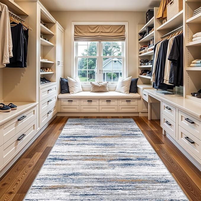 Large Runner Rugs for Hallway 4x20: Non-Slip Washable Wide Carpet - Soft Low-Pile Stain and Spill Resistant Rug for Entryway Living Room Dining Room Balcony Garage Office Navy Grey