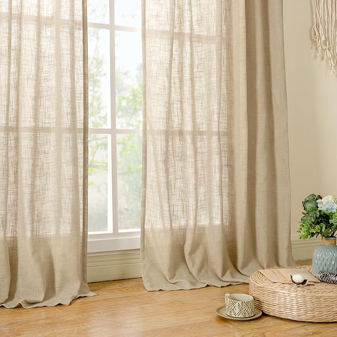 LAMIT Brown Linen Cafe Curtains 30 Inch Length, Semi Sheer Light Filtering Window Panels Back Tab and Rod Pocket Drapes for Kitchen/Small Windows, 25 x 30 Inch, 2 Panels