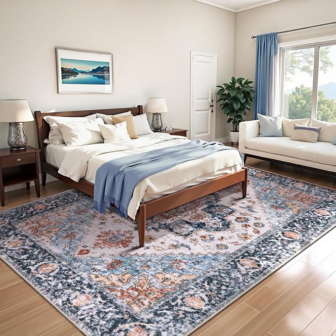 SERISSA Washable Rugs 6x9 Area Rugs, Large Non-Slip Boho Living Room Blue Orange Rug, Ultra Soft Vintage Oriental Tribal Farmhouse Carpet for Dining Room Bedroom Dorm Office Home Decor