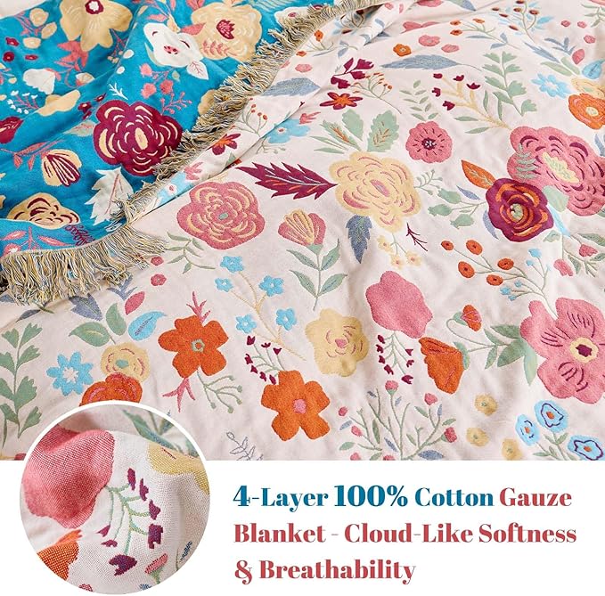 MSGKV Boho Throw Blanket for Bed Twin Size 100% Cotton Floral Blanket 60"x80" for Sofa Couch Muslin Spring Breathable All Seasons Lightweight Farmhouse Blankets Home Decor