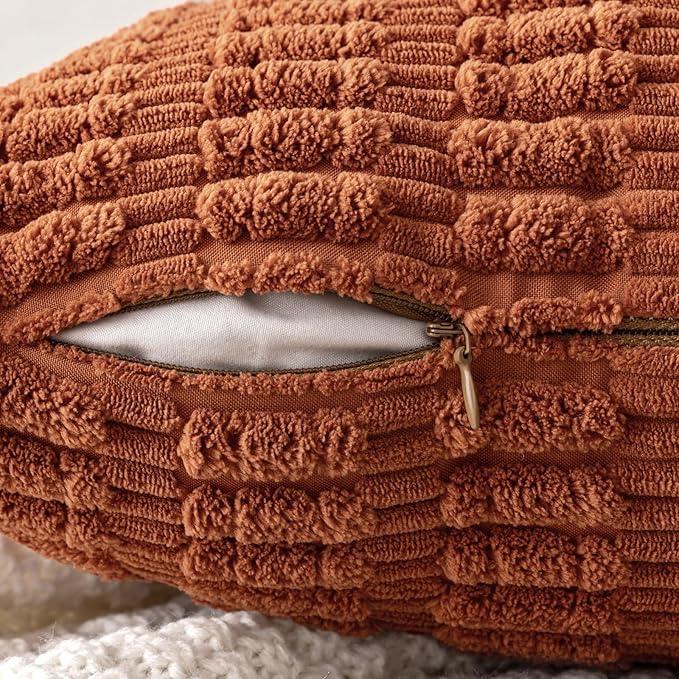 MIULEE Pack of 2 Dark Rust Corduroy Decorative Pillow Covers 18x18 Inch Soft Boho Striped Throw Pillow Covers Modern Farmhouse Home Decor for Summer Sofa Living Room Couch Bed