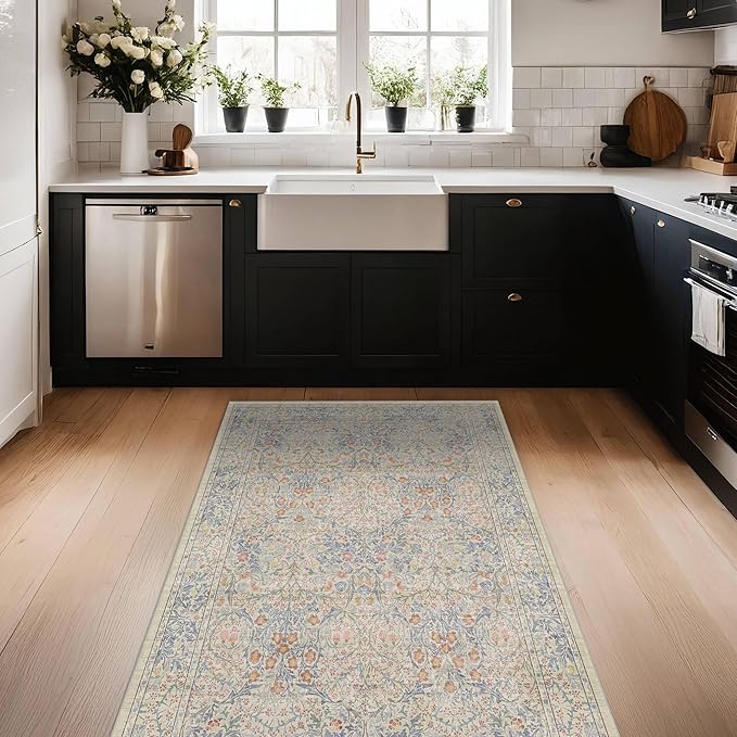 Large 3x4 Entryway Rug Indoor - Washable Non-Slip Low Pile Stain Resistance Ultra Thin Area Rug for Large Kitchen, Bedroom Beside Bed - Vintage Floral Botanical Beige Blue Decor
