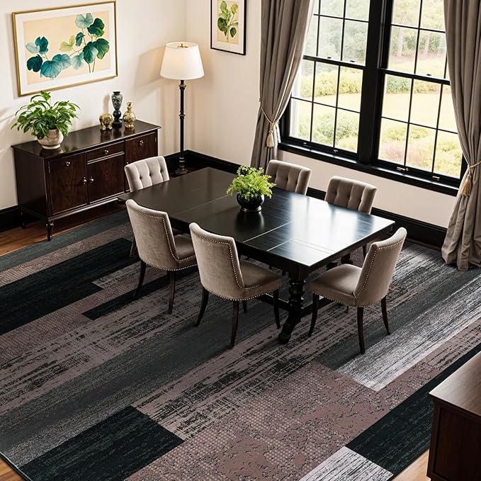 LIANLAM 10x14 Washable Area Rugs for Living Room and Bedroom, Vintage Checkered Pattern Non-Slip Carpet, Stain Resistant Low Pile Soft Rug for Dining Room,Office,Nursery,Kids Room(10x14,Chocolate)
