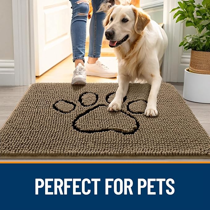 OLANLY Dog Door Mat for Muddy Paws 70x24, Paw Print Design, Absorbs Moisture and Dirt, Absorbent Non-Slip Washable Doormat, Quick Dry Chenille Mud Mat for Dogs, Entry Indoor Entryway Carpet, Tan