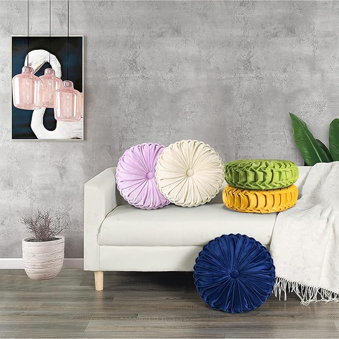 HIG Set of 2 Decorative Round Pleated Throw Pillows,Classy Accent Pumpkin Throw Pillows with Center Button,Vintage Velvet Floor Pillows for Sofa Vanity Chair Bed,Light Purple,14.5" Diameter(Ripple)