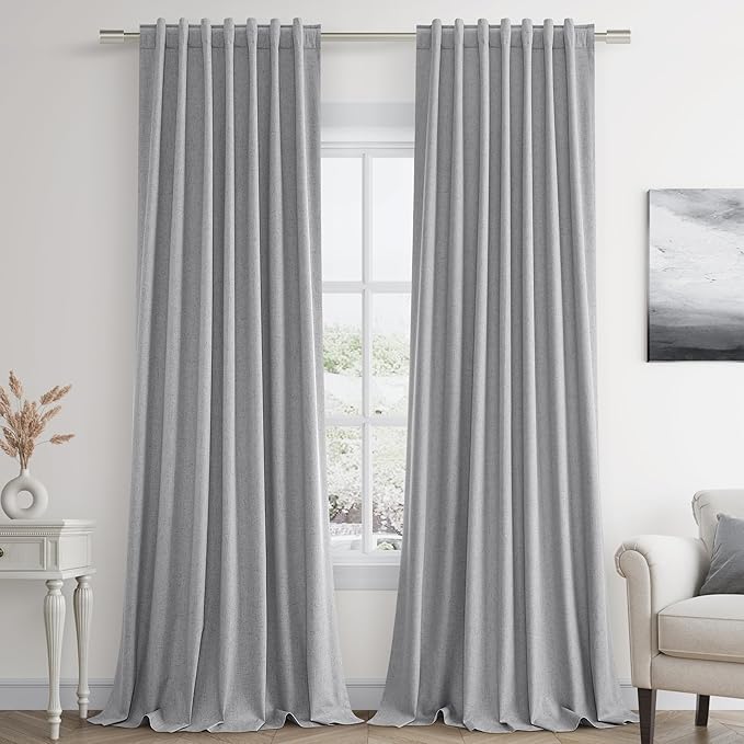 Guken Grey 100% Blackout Curtains 120 Inch Length 2 Panels Set for Living Room Bedroom Back Tab Thermal Insulated Black Out Linen Drapes Room Darkening Window Curtains 52x120