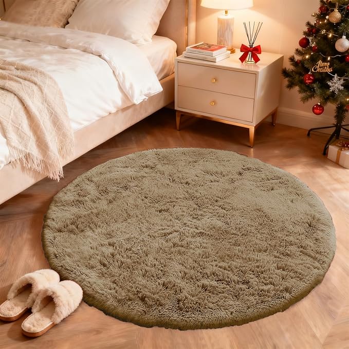 OLANLY Taupe Round Rugs for Bedroom - Machine Washable, 4 ft Circle Area Rugs for Living Room, Soft and Fluffy Shaggy Carpet for Teen Girl and Boys, Nursery Rooms, Dorms, Home Decor Aesthetic