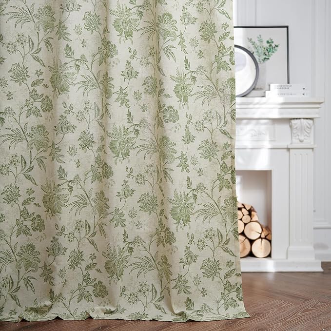 jinchan Linen Floral Curtains for Living Room with Printed Flower 63 Inches Long Light Filtering French Country Back Tab Rod Pocket Sage Green Window Curtain Set Farmhouse Drapes 2 Panels
