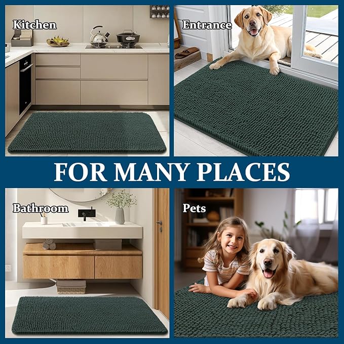 OLANLY Dog Door Mat for Muddy Paws 54x32, Absorbs Moisture and Dirt, Absorbent Non-Slip Washable Doormat, Quick Dry Chenille Mud Mat, Entry Indoor Entryway Carpet for Inside Floor, Blackish Green