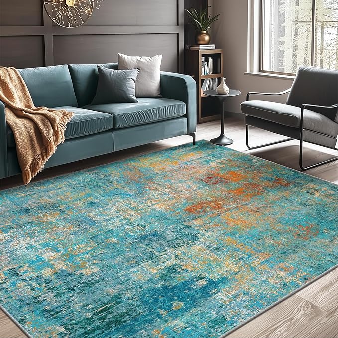 Washable Area Rugs 5'x7' Non-Slip Modern Abstract Soft for Living Room Entryway Bedroom Nursery, Print Pattern, Teal Blue Green Orange Rust Red Coloreful