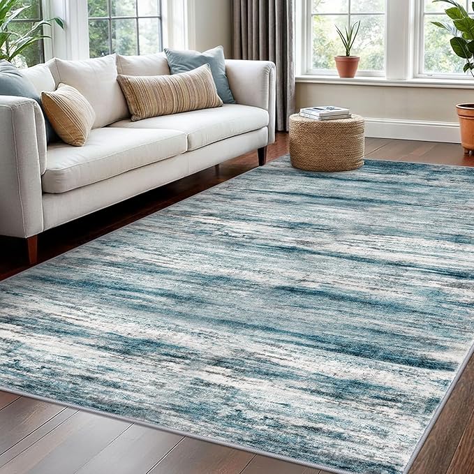 KOZYFLY Washable Area Rug 5x7 Modern Ombre Living Room Thin Rug Non-Slip Soft Striped Rug for Bedroom, Print Blue Abstract Carpet for Laundry Kid Room