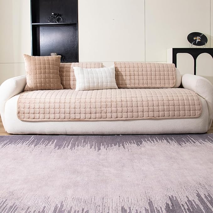 Velvet Couch Cover, Washable Sectional Sofa Cover, Anti Slip Sofa Slipcover for 3 Cushion Couch Sofa L Shaped Armrest Backrest, Furniture Protector Covers for Pets Kids(Khaki, Only 1 PCS)