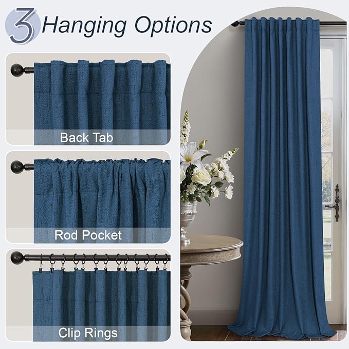Pitalk Navy Blue Blackout Curtains for Living Room 84 Inch Length 2 Panels Set Back Tab Pocket Faux Linen Window Drapes Thermal Insulated Room Darkening Curtain for Bedroom Boys 52 x 84 Long Dark Blue