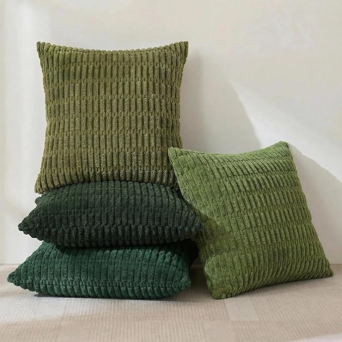 Fancy Homi Set of 4 Green Boho Winter Decorative Throw Pillow Covers 22x22 Inch for Couch Bed Sofa, Aesthetic Modern Bohemian Room Decor, Soft Fuzzy Cozy Corduroy Textured Cushion Case 55x55cm