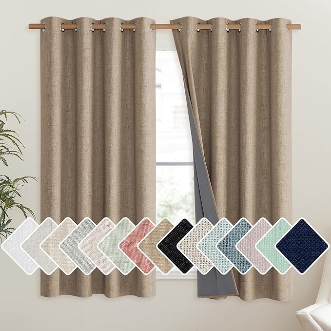 NICETOWN Burlap Vintage Open Linen Weave Flax Thermal Curtains, 100% Blackout Curtains 48" Long for Dining Room, Soundproof Window Treatment Drapes for Hall Room, 52" Wide Per Panel, Set of 2