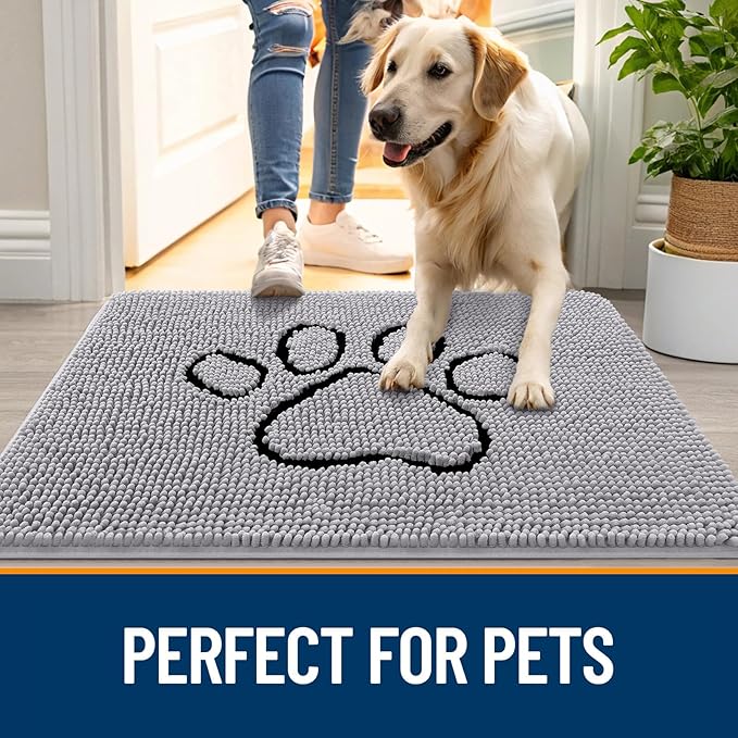 OLANLY Dog Door Mat for Muddy Paws 48x30, Paw Print Design, Absorbs Moisture and Dirt, Non-Slip Washable Doormat, Quick Dry Chenille Mud Mat for Dogs, Entry Indoor Entryway Carpet, Light Grey