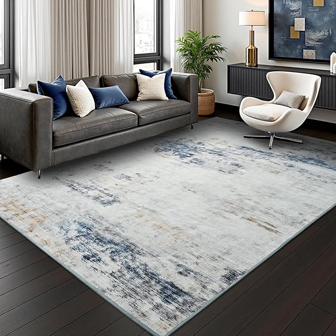 Toneed Abstract Area Rug 5x7 Modern Washable Rug Soft Non Slip Rug Low Pile for Bedroom Living Room Dining Room Blue/White