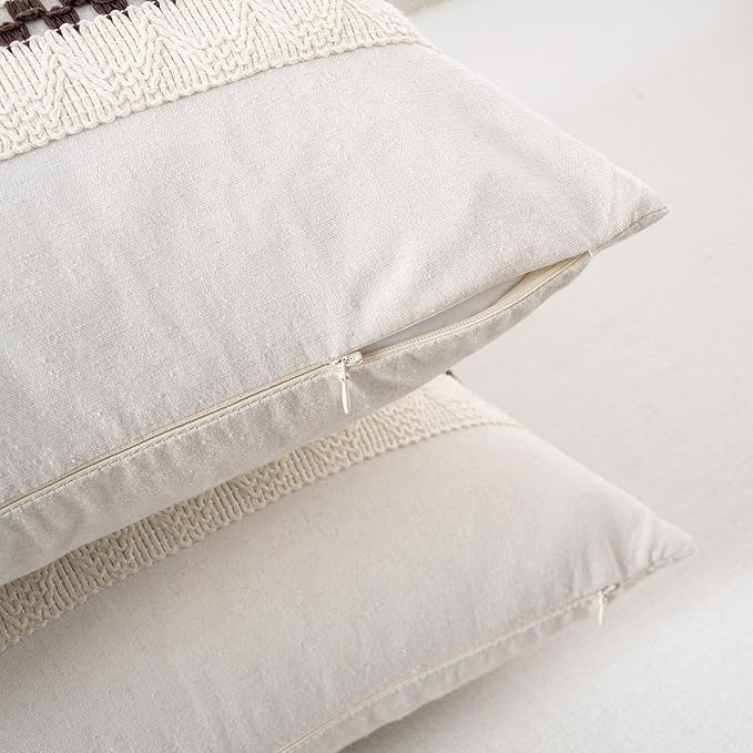 Fancy Homi Set of 1 Boho Brown Decorative Throw Pillow Cover 20x20 Inch for Couch Bed Sofa, Aesthetic Modern Organic Farmhouse Home Decor, Soft Cotton Cute Accent Macrame Woven Cushion Case