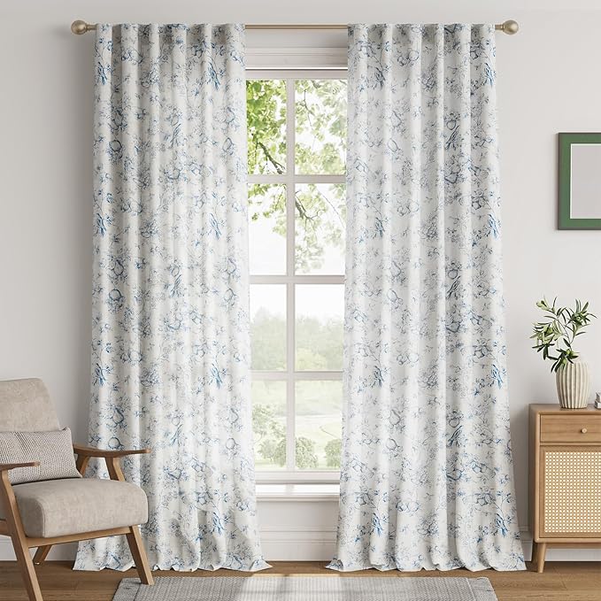 jinchan Linen Floral Curtains for Living Room 96 Inch Length Blue Printed Flower French Country Curtain Farmhouse Cottage Core Toile Curtains Back Tab Light Filtering Window Drapes Set 2 Panels