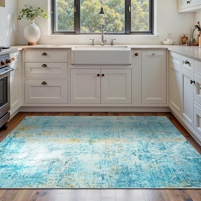 Ompaa Living Room Rug 5x7 Teal Blue Area Rug Machine Washable Boho Rug Non Slip Abstract Vintage Indoor Large Rugs for Bedroom, Classroom, College Dorm, Farmhouse, Dining Room, Kids Playroom