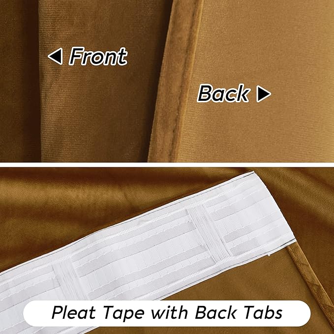 RYB HOME Gold Brown Velvet Curtains 102 inches with Hook Belt, Soft Fabric Room Darkening Thermal Insulated Luxurious Home Decor Curtains for Living Room Bedroom, W 52" x L 102", 2 Panels Set
