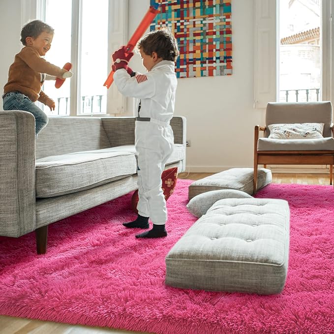 Amearea Premium Soft Area Rug 4x5.3 Feet, Pink Rugs for Living Room, Fluffy Carpet for Bedroom Nursery Playroom Teen Bedside Home Decor, Comfortable Indoor Furry Dorm Carpets, Hot Pink