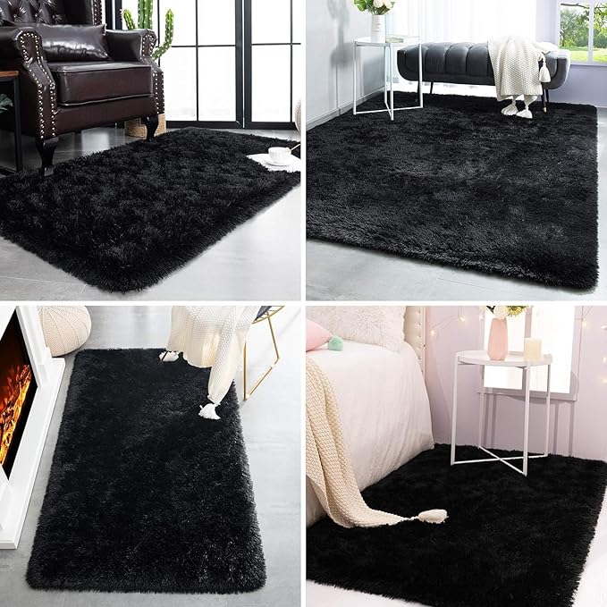 TWINNIS Super Soft Shaggy Rugs Fluffy Carpets,5x7 Feet, Indoor Modern Plush Area Rugs for Living Room Bedroom Kids Room Nursery Home Decor, Upgrade Anti-Skid Rectangular Fuzzy Rug, Black
