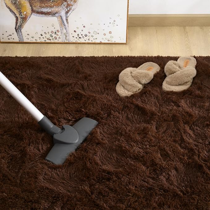 Amearea Shag Fluffy Area Rug for Bedroom Girls Living Room, Extra Soft and Fuzzy Shaggy Rugs, Non Slip, Solid Color Carpet Mat for Boys Nursery Home, Brown 5.3x7.5 Feet