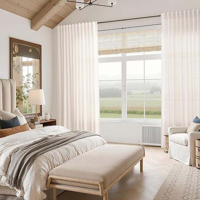 Ivory White Linen Back Tab Curtains 84 Inch Length for Bedroom/Living Room 2 Panel Set Neutral Modern Farmhouse Window Privacy Semi Sheer Linen Drapes Rustic Pinch Curtain Ivory 52X84
