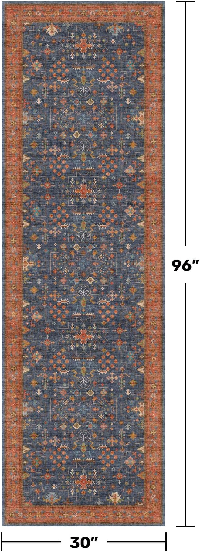 Washable 8 ft Long Runner for Kitchen Floor - Navy Blue Hallway Runner Rug, Pet Friendly Waterproof Non Slip with Rubber Backing, Stain Resistant Laundry Room Rug (2'6"x8' Navy Blue & Terracotta)