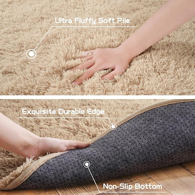 Pionblank Fluffy Area Rug for Bedroom 2.6'x5.3', Shag Oval Rug for Bedside, Ultra Soft Cute Plush Carpet for Living Room Kids Girls Boys Room Nursery Teens Dorm Home Decor, Camel