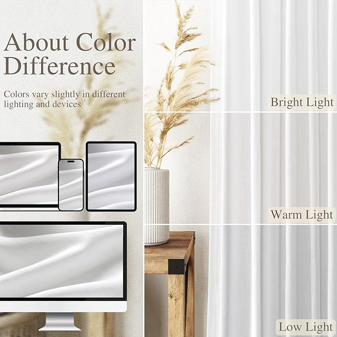 Off White Linen Sheer Curtains 54 Inch Length 2 Panel Set Back Tab Pocket Semi Sheer Light Filtering Short Curtain Soft Elegant Aesthetic Small Window Drapes for Bathroom 52x54 inches Long