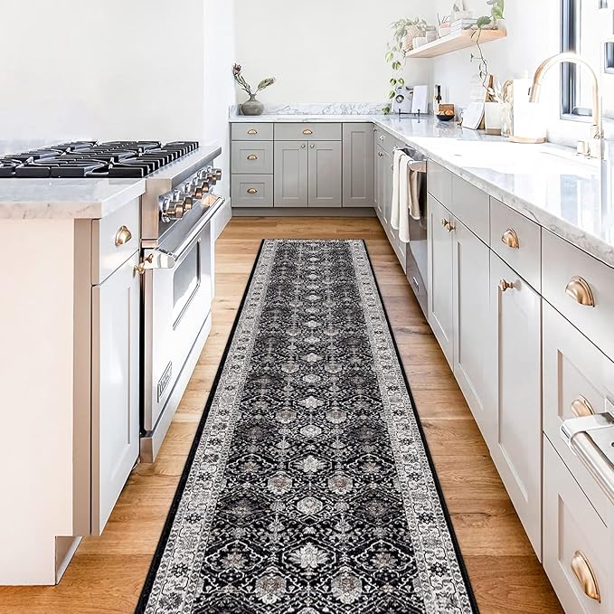 Hallway Washable Runner Rug - 2x10 Kitchen Rugs Entryway Rug Runner Vintage Soft Floor Mat Non Slip Indoor Farmhouse Carpet for Bathroom Living Room Bedroom(2 X 10, Black)