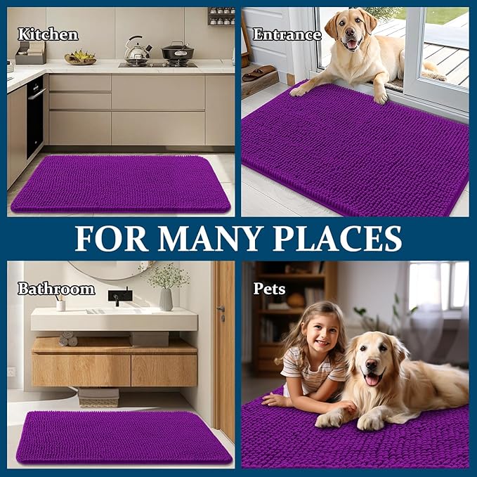 OLANLY Dog Door Mat for Muddy Paws 70x32, Absorbs Moisture and Dirt, Absorbent Non-Slip Washable Doormat, Quick Dry Chenille Mud Mat for Dogs, Entry Indoor Entryway Carpet for Inside Floor, Purple