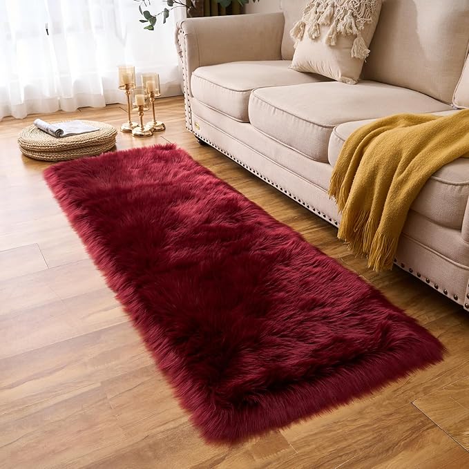 EasyJoy Ultra Soft Fluffy Rugs Faux Fur Rug Chair Cover Seat Pad Fuzzy Area Rug (2x6 ft Rectangle, Burgundy)