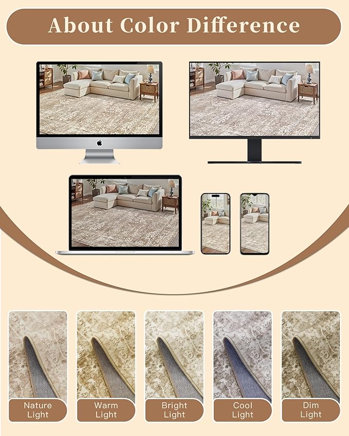 Madane Rug Runner for Hallways 2.5x8, Washable Kitchen Runner Rugs with Non Slip Backing, Soft Floral Print 2'6''x8 Carpet Runners for Laundry Room, Bedroom, Beige/Brown