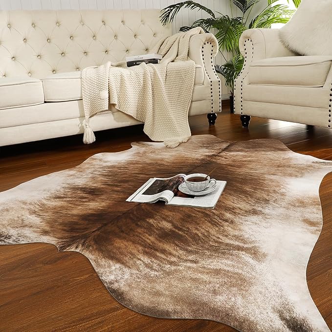 AROGAN Western Decor Faux Fur Cowhide Rug, 6.2 x 5.2 Feet Premium Animal Skin Cow Hide Rug, Durable Cow Print Rugs for Wall Decor, Western Floor Carpet for Bedroom Living Room, Brownish