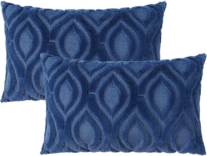 decorUhome Throw Pillow Covers 12x20 Inch Set of 2, Soft Plush Faux Wool Dark Blue Solid Couch Pillow Covers, Accent Farmhouse Neutral Rectangle Pillow Cases for Sofa Bed Living Room