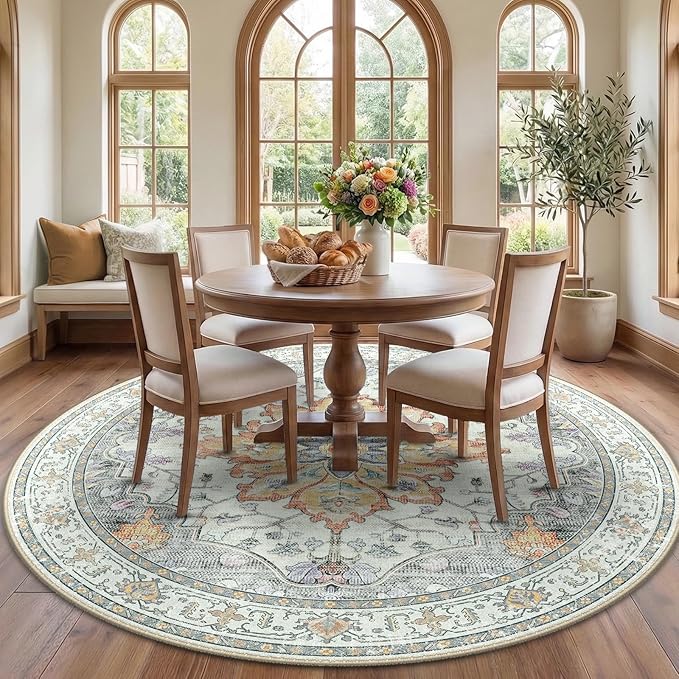 Area Rugs 7ft Washable Non-Slip, Floral Vintage Distress Print Pattern Medallion Carpet for Living Room Bedroom Dining Room, Light Yellow Carbon Grey Orange