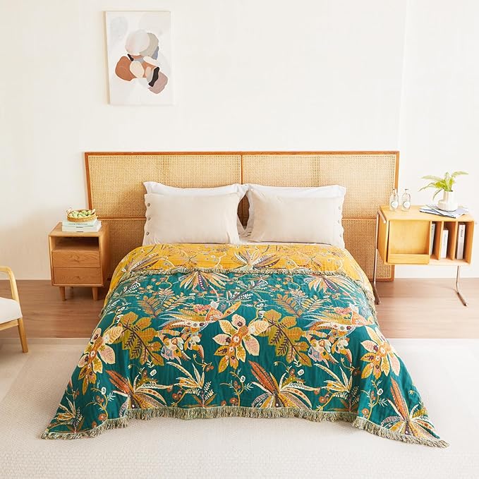 MSGKV Boho Throw Blanket for Couch 100% Cotton Embroidery Blanket 50"x60" Sofa Bed Chair Muslin Spring Breathable All Seasons Lightweight Farmhouse Blankets Home Decor