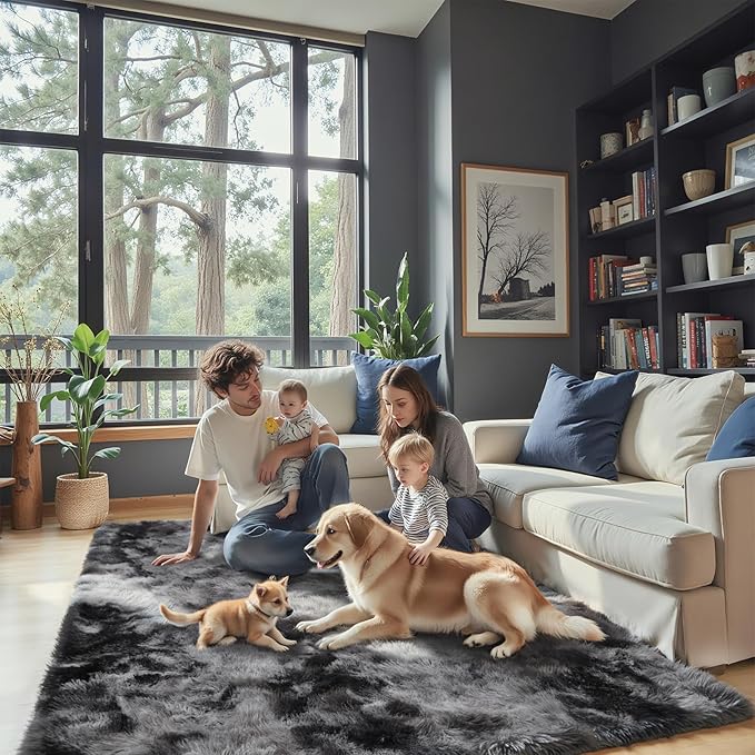 Rugs for Living Room 5x8, Alfombras para Salas Shag Large Plush Soft Area Rug, Shaggy Carpets for Bedroom, Kids Boys Girls Home Decor Aesthetic (Dark Grey Tie-Dyed, 5 x 8 Feet)