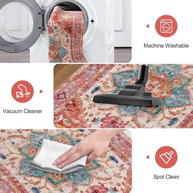 Yamaziot Washable Runner Rug, 2x6 Non-Slip Boho Vintage Hallway Rug Runner with Rubber Backing, Stain Resistant Distressed Carpet Runner for Bedroom, Kitchen, Laundry, Entrance