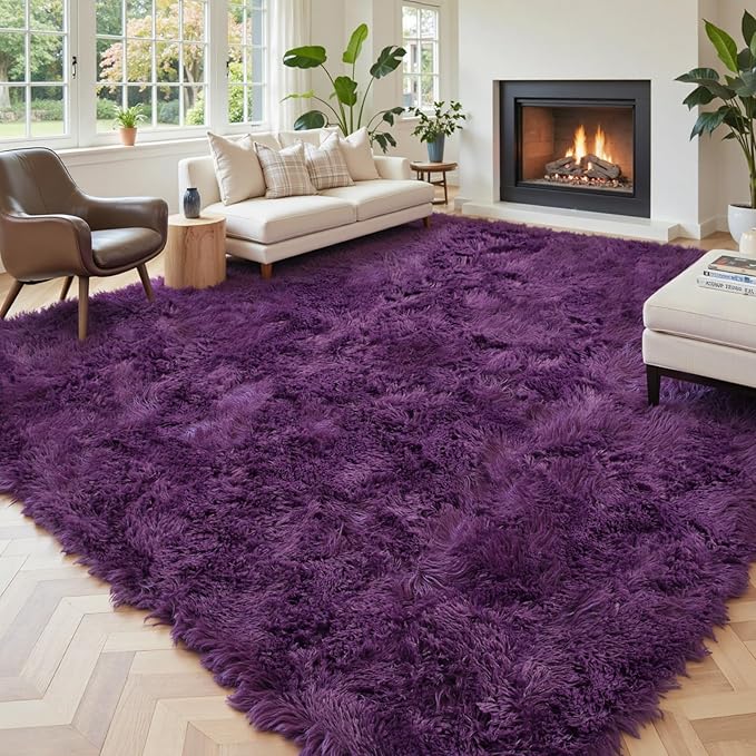 Area Rugs 9x12 Living Room, Shaggy Carpet Soft Plush Furry Bedside Rug Large Area Rugs for Bedroom Kids Girls Boys Home Decor Anti Slip(9 x 12, Grape Purple)