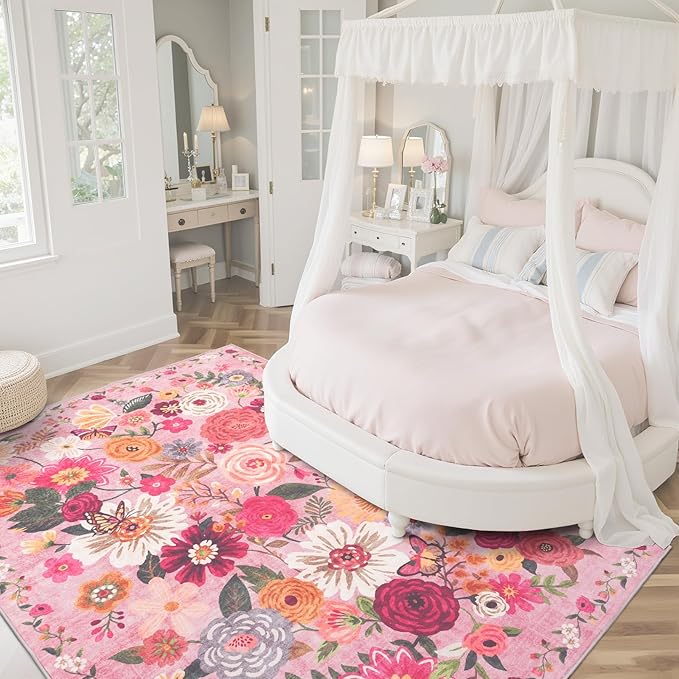 Pink Floral Girls Room Rug 4x6, Non-Slip Washable Rugs for Bedroom Living Room Nursery Kitchen Dining Room Indoor, Ultra-Thin Soft Stain Resistant Girls Room Decor(4 x 6, Pink Garden)