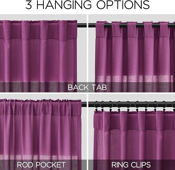 Nanspring Grape Purple Linen Curtains 96 Inch Long 2 Panels Set for Bedroom Living Room Linen Textured Window Drapes Semi Sheer Light Filtering Rod Pocket Back Tab Modern Farmhouse Curtain 52x96