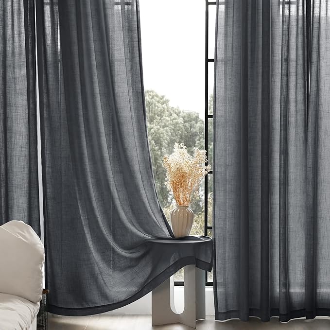 Dark Gray Curtains for Living Room Back Tab Modern Farmhouse Semi Sheer Gray Curtains 108 inches Long 2 Panels Set Muted Neutral Window Curtain for Dining Room Bedroom 52x108