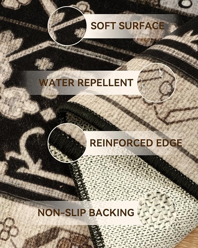 Area Rugs 2'x10' Runner Rug Non Slip Washable for Kitchen Hallway Bedroom Beside Laundry Room Bathroom Rug, Floor Carpet, Black Brown Neutral Dark Tan
